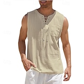 economico Vacanza-Per uomo Camicia Camicia di lino Camicia popover Camicia Estiva Abbigliamento da spiaggia Maglietta senza maniche Tinta unica Vacanza Streetwear Nero Bianco Blu marino Azzurro cielo Senza Maniche