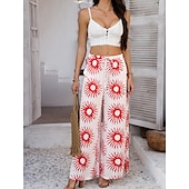 abordables jambe large et taille haute-Femmes Jambe large Chinos Vacances ancien Mode Longueur complète Taille haute Fleuri Ceinture Élastique Impression Confortable Doux Micro-Élastique Extérieur Vacances Rue Blanche Jaune Rose Claire