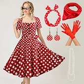 cheap Outfits-Women&#039;s A-Line Rockabilly Dress Polka Dots Swing Dress Flare Dress with Accessories Set 1950s 60s Retro Vintage with Headband Chiffon Scarf Earrings Pearl Necklace Gloves