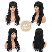 cheap Historical Wigs-80s 90s Retro Black Mullet Wigs Pixie Cut Wigs with Bangs for Women Wolf Cut Wig Middle Part Black Synthetic Heat Resistant Fiber Costumes Cosplay Hair Wig for Daily Party Use