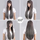 economico Parrucche da festa-parrucca lunga e liscia grigio argento per donna – fibra ad alta temperatura, con mèches, frangia piena, parrucca per tutta la testa, ideale per cosplay, Halloween e uso quotidiano