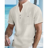 abordables Vacances-Homme Chemise Chemise en lin Chemise popover Chemise Décontractée Chemise en coton Uni Vacances Rue Blanche Jaune Rose dragée Abricot Manche Courte Band Collar Été Vêtement Tenue Avec Poches