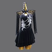 preiswerte Kleidung für lateinamerikanische Tänze-Latein-Tanzkleid mit Strasssteinen für Damen, Performance-Training, langärmlig, Rumba, Salsa, Cha-Cha, Bühnentanzbekleidung, Kostüme