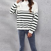 cheap Graphic Patterns &amp; Details-Women&#039;s Pullover Casual Striped Chunky Turtleneck Knitted Long Sleeve Regular Tops Knit Daily Holiday Going out White Fall Winter