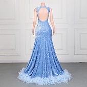 abordables Robes de Soirée Sirène-Robe de soirée sirène  trompette élégante robe formelle bal traîne balayage  brosse sans manches col rond sequin dos nu avec applications en sequins