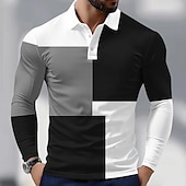 billiga Color Block Polo för män-Herr Färgblock Polo Långärmad Polotröjor Skjortor med krage Business Casual Fritids- Dagliga kläder 3D-utskrift Vår Höst Rubinrött Blå Brun