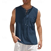 economico Vacanza-Per uomo Camicia Camicia di lino Camicia popover Camicia Estiva Abbigliamento da spiaggia Maglietta senza maniche Tinta unica Vacanza Streetwear Nero Bianco Blu marino Azzurro cielo Senza Maniche