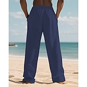 cheap Holiday-Men&#039;s Linen Pants Trousers Summer Pants Beach Pants Pocket Elastic Waist Drawstring Plain Comfort Breathable Vacation Daily Holiday Hawaiian Boho Dark Khaki Black