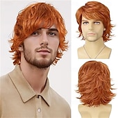 billiga Herrperuker-Ljusbrun peruk för män Kort lager Naturlig vågig syntetisk peruk värmebeständigt hår Manlig kille Daglig festkostym Halloween Cosplay-peruker