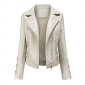 cheap Faux Leather Jackets-Women&#039;s Faux Leather Jacket Comfortable Full Zip Fashion Street Style Plain Outdoor Casual Daily Regular Turndown Regular Fit Long Sleeve Outerwear Black Red Green Spring Fall
