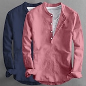 baratos Clássico-Homens Camisa de linho Camisa de colarinho de banda Camisa Popover camisa de verão Roupa de Praia Camisa casual Tecido Férias Casual Laranja + azul Rosa + Azul Marinho Branco + preto Rosa + azul