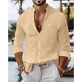 economico Camicie di lino-Per uomo Camicia Camicia di lino Camicia casual Camicia con Bottoni Camicia di cotone Semplice Vacanza Camicia hawaiana Nero Bianco Giallo Blu marino Manica Lunga Colletto alla coreana Primavera