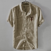  Homens Camisa de linho Camisa casual Camisa de algodão e linho camisa de botão Animal Modelado Férias Roupa Diária Branco Azul Marinho Escuro Azul Céu cáqui Manga Curta Lapela Todas as Estações Roupa