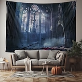 preiswerte Halloween-Wandteppiche-Halloween hängender Wandteppich Schlossfensteransicht Fotografien Hintergrund Jack O Lantern Wandkunst großes Wandteppich Wandbild Dekovorhang Zuhause Schlafzimmer Wohnzimmer Dekoration Tod Selfie