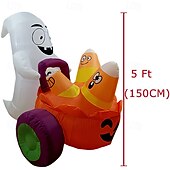 economico Halloween-Gonfiabile fantasma di Halloween da 5 piedi che spinge una carrozza di zucche con caramelle, decorazione da giardino gonfiabile con LED integrati per feste di Halloween all&#039;aperto, al chiuso, in