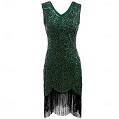 voordelige Jaren 1920 Jurken-Retro vintage Roaring jaren &#039;20 Jaren 1920 Boven de knie Tot de knie Flapper jurk Cocktailjurk Mouwloos The Great Gatsby Flapper Girl Pailletten Zoom V-hals Kostuum Dames Kerstmis Carnaval Bruiloft