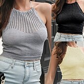 levne Pevné barvy-Dámské Rolák Na běžné nošení Pevná barva Tlustý Tričkový Pletený Bez rukávů Crop Tops Plést Denní Dovolená Jdeme ven Černá Meruňková Podzim Zima