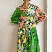 levne Boho šaty-Dámské Midi šaty Košilové šaty Šaty s potiskem Klasické Moderní Venkovní Denní Dovolená Běžný Květiny Dlouhý rukáv Košilový límec Tmavě zelená Podzim