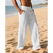 cheap Holiday-Men&#039;s Linen Pants Trousers Summer Pants Beach Pants Pocket Elastic Waist Drawstring Plain Comfort Breathable Vacation Daily Holiday Hawaiian Boho Dark Khaki Black