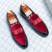 tanie Loafery-męskie mokasyny z czerwonego aksamitu z kokardą – eleganckie, wsuwane buty na przyjęcia, wesela, kolacje i bale maturalne