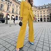 abordables Ensembles chemisiers pour femmes-Femmes Actif Mode Chemisier Blazer Ensembles de Pantalons manche longue Col de chemise Couleur Unie Bureau Travail Sortir Jaune Rouge Bleu Automne Coupe régulière