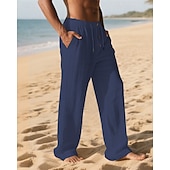 cheap Holiday-Men&#039;s Linen Pants Trousers Summer Pants Beach Pants Pocket Elastic Waist Drawstring Plain Comfort Breathable Vacation Daily Holiday Hawaiian Boho Dark Khaki Black