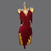abordables Tenues de danse latine-Robe de danse latine à strass et pompons pour femmes, tenue de scène sans manches pour salsa et rumba