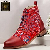 abordables Botas de vestir-Hombre Botas Zapatos de Paseo Casual Cuero PU Tela Jacquard Cómodo Antideslizante Transpirable Botines / Hasta el Tobillo Cordones Rojo Otoño Invierno