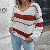 preiswerte Grafische Muster und Details-Damen Pullover Lässig Gestreift Grobstrick V Ausschnitt Gestrickt Langarm Normale Oberteile Stricken Täglich Ferien Ausgehen Rosa Rote Herbst Winter