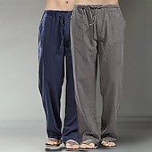 baratos Clássico-Homens Calças de linho Calças Calça verão Calças largas Calças de praia Bolsos Com Cordão Perna reta Tecido Conforto Respirável Comprimento total Diário Streetwear Moda Casual / esportivo Preto