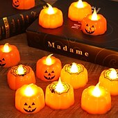 economico Halloween al chiuso-12 candele elettroniche a forma di zucca di Halloween con faccia di ragno, per interni ed esterni, per decorazioni di feste, atmosfere luminose