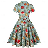 olcso Ruhák-retro vintage 1950-es évek vakációs ruha flare ruha női jelmez vintage cosplay alkalmi mindennapi rövid ujjú ruha maskara