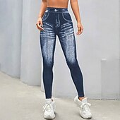 billiga Yoga Leggings &amp; Tights-Dam Denimtryck Fejkjeans Yoga leggings Magkontroll Hög midja Gym Dans Träning Underdelar Blå Höst sporter Sportkläder Tight passform