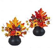 お買い得  ハロウィンのリースとフラワー装飾-ハロウィンの秋のデスクトップ飾り。フェイクカボチャ、カエデの葉、松ぼっくり、LEDライトの収穫祭の装飾。ハロウィン、不気味な秋のディスプレイ、秋の家の装飾。