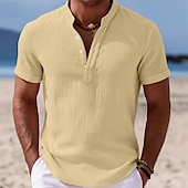 preiswerte Urlaub-Herren Hemd Leinenhemd Stehkragenhemd Popover-Hemd Sommerhemd Strandbekleidung Einfach Urlaub Lässig Schwarz Weiß Gelb Rosa Kurzarm Stehkragen Sommer Bekleidung