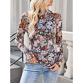 お買い得  フローラルTシャツ-女性用 ブラウス フラワー レオパード スタイリッシュ カジュアル 長袖 タートルネック レギュラートップス 日常 祝日 お出かけ プリント ブラック ピンク グリーン カーキ色 夏 春 秋