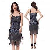 economico Abiti degli anni '20-Anni Ruggenti Anni 1920 Sopra il ginocchio Lunghezza al ginocchio Abito Flapper Abito da cocktail Senza maniche Il grande Gatsby Ragazza Flapper Paillettes Frange Scollo a V Costume Per donna Natale