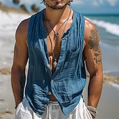preiswerte Fitness Tank-Tops-Herren Tank Top Weste Unterhemd Ärmelloses Shirt Ärmellos Kragenlos Sommer Einfach Mode Designer Basic Knöpfe Urlaub Straße Ausgehen Blau Top T-Shirt für Herren
