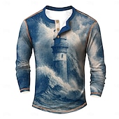 billige Vintage og retro-Herre Grafisk Årgang Henly-skjorte T-skjorter Langermet Årgang Mote Designer utendørs Avslappet Daglig Vår &amp; Vinter Alle årstider Mørkebrun Navyblå Grønn Lysegrå Henley Henley T-skjorte
