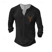 levne Ležérní tričko Henley-Pánské Tričko Henley Trička Tričko Top Tričko s dlouhým rukávem Dlouhý rukáv Henley Léto Podzim Vzor Jelen Módní Designové Móda Retro Dovolená ulice Jdeme ven Tmavě šedá Černá Bílá Top tričko pro muže
