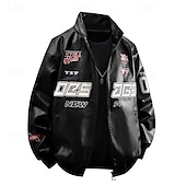 abordables Veste en simili-cuir-Homme Veste en Similicuir Veste moto Blouson de Moto Vacances Quotidien Coupe-vent Chaud Avec Poches Automne Hiver Lettre Mode Classique Revers Régulier Noir Blanche Rouge Veste