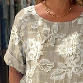 voordelige Bloementhee-Dames T-shirt Afdrukken Bloemig Modieus Modern 3/4 mouw Strakke ronde hals Normale tops Dagelijks Uitgaan Weekend Khaki Zomer Lente