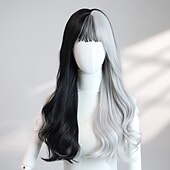 economico Parrucche da festa-Parrucca ondulata nera e grigia da 24 pollici per donna: capelli bicolore alla moda con frangia, perfetta per costumi di Halloween e moda quotidiana