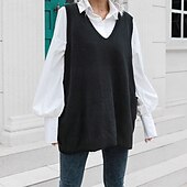 abordables Couleurs unies-Femmes Pull Occasionnel Couleur Unie Épais Col en V Tricoté Sans manches Hauts Réguliers Tricoter Quotidien Fête Sortir Noir Automne Hiver