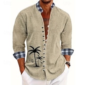 voordelige Geometrisch patroon-Voor heren Geometrisch Kokosnootboom Raster / Plaid Overhemd Overhemd met staande kraag Lange mouw Mode-casual Vakantie Alledaagse kleding Uitgaan Lente Herfst Mandarijn Kraag Band Kraag