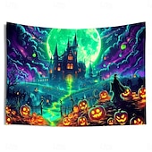 cheap Halloween Garage Door Cover-Halloween Blacklight Tapestry Witch Castle UV Reactive Glow in the Dark Forest Trippy Mountain Misty Graveyard Ghost Hanging Tapestry Wall Art Mural for Living Room Bedroom