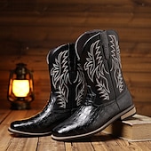 abordables Cowboy et bottes occidentales-Bottes de cowboy western en cuir de vachette noir gaufré pour hommes avec bout pointu et coutures classiques, chaussures élégantes pour les événements country, l&#039;équitation et la mode rodéo