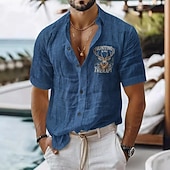 levne Dovolená-Pánské Lněná košile Košile pro volný čas Bavlněná lněná košile Košile na knoflíky Zvířecí vzor Dovolená Denní nošení Černá Bílá Světle zelená Růžová Krátký rukáv Klopa Celý rok Oblečení S přezkou