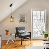 baratos Luzes pendentes-pendente vintage country, material de corda de vime trançada em metal, 15 cm de altura, luz branca quente/branca, e26 e27, corrente ajustável