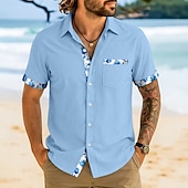 preiswerte Urlaub-Herren Hemd Leinenhemd Sommerhemd Strandhemd Karomuster Urlaub Lässig Weiß Rosa Marineblau Leicht Blau Kurzarm Kragen Sommer Bekleidung